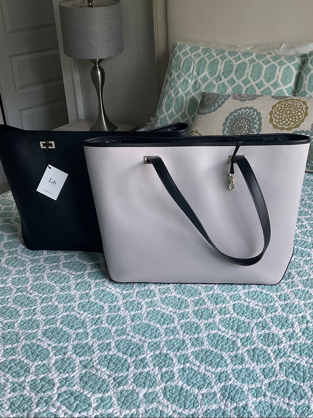 Lo and Sons Two-Tone Light Gray and Black Tote Bag with Black Straps
